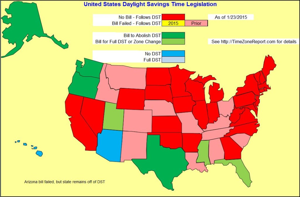 Map of DST legislation status as of January 23, 2015